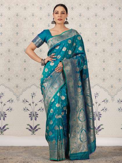 Ode by House of
                        Pataudi Teal Ethnic Motifs Zari Banarasi Saree