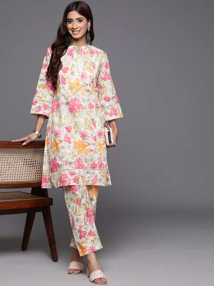 Varanga Off White
                        Floral Printed Pure Cotton Lace Detailed Kurta
                        With Trouser