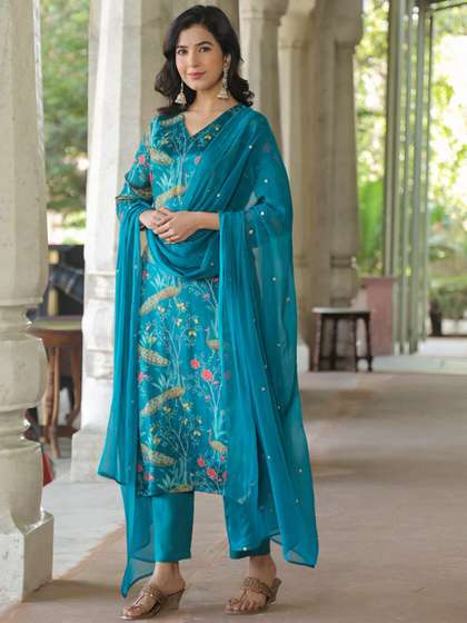 KALINI Floral Printed Kurta With Trousers & Dupatta