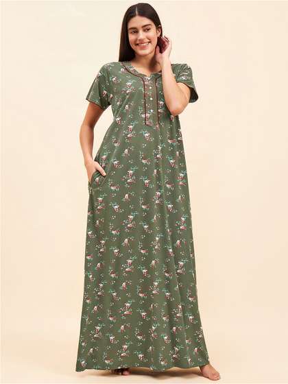 Sweet Dreams Green
                      Floral Printed Cotton Maxi Nightdress