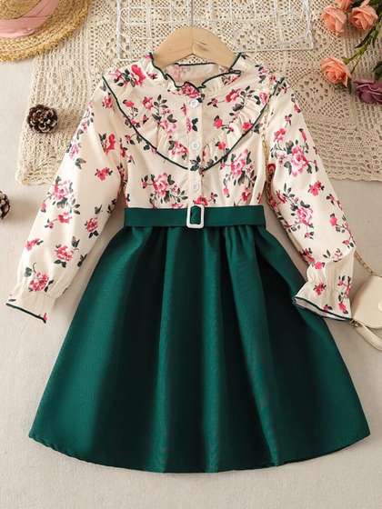 BAESD Girls Floral
                    Printed Ruffled Satin Fit & Flare Dress With
                    Belt