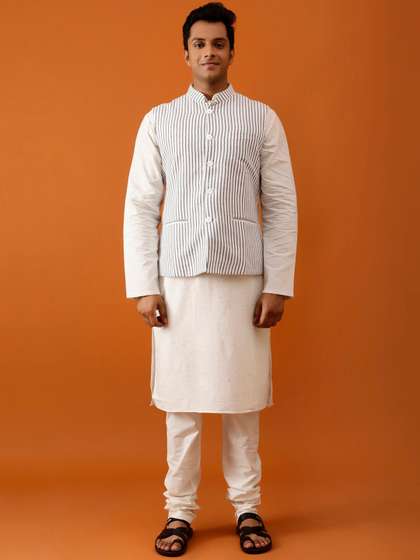 Streaks & Crosses Striped Cotton Nehru Jacket
