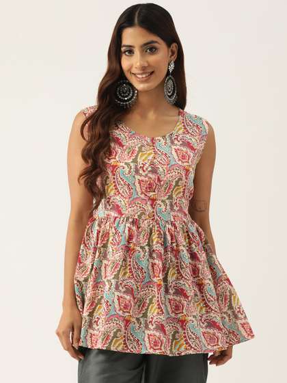 FERANOID Paisley Printed Pure Cotton Pleated Kurti