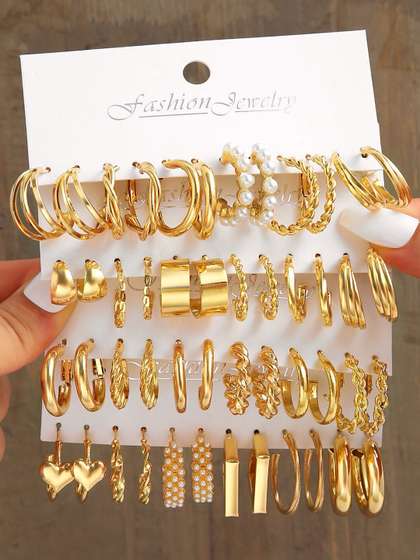 Shining Diva Fashion Set Of 24 Gold-Plated Earrings