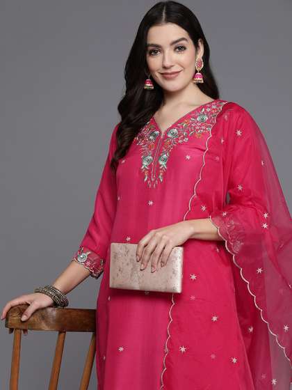 Indo Era Women Floral Yoke Design Regular Thread Work Kurta with Trousers & Dupatta