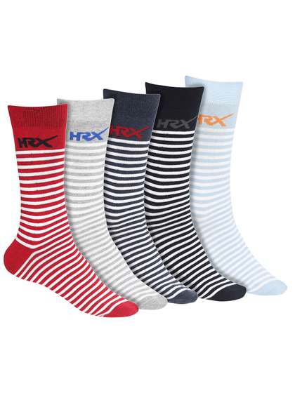 HRX by Hrithik Roshan
                      Men Grey & Navy Blue Pack Of 5 Striped Above
                      Ankle Length Sock