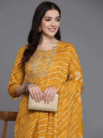 Indo Era Women Floral Yoke Design Regular Pure Cotton Kurta with Trousers & With Dupatta