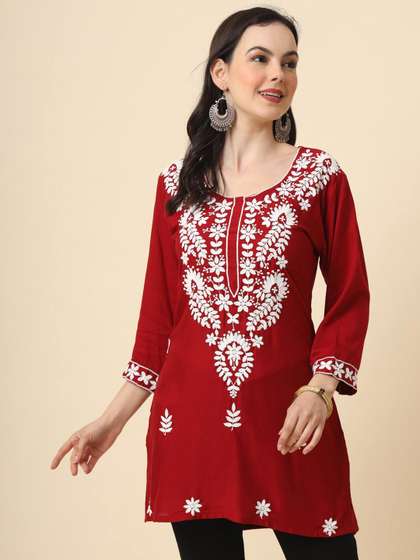 HERE&NOW Red & White Ethnic Motifs Embroidered Round Neck Straight Short Kurti