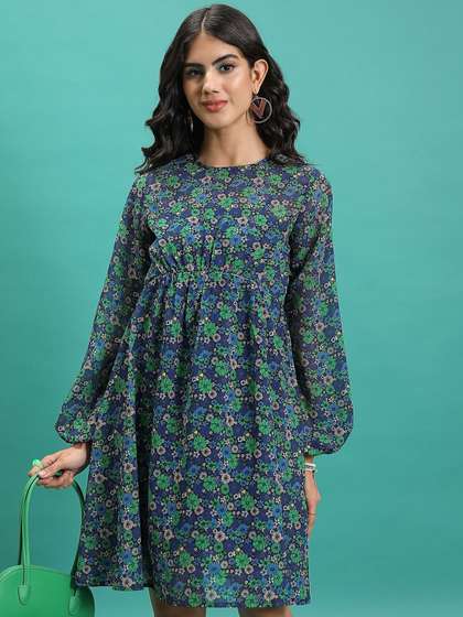 Tokyo Talkies Green
                        Floral Printed Puff Sleeve Gathered Fit &
                        Flare Dress