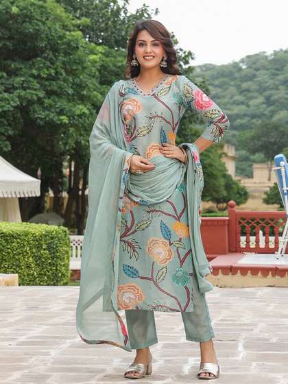 GoSriKi Printed Mirror Work Kurta Set