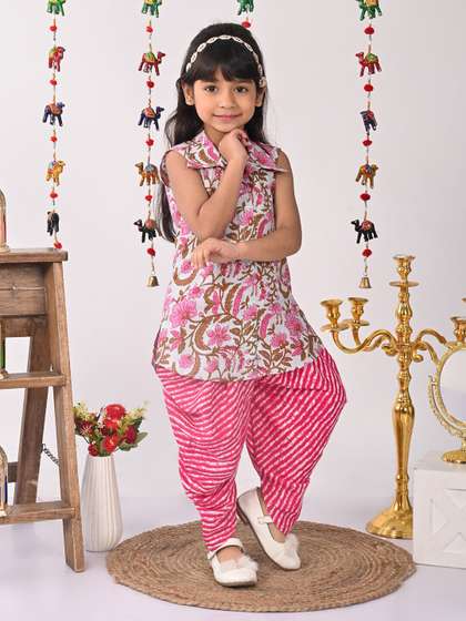 Sangria Girls Pink
                    Floral Printed Pure Cotton Kurti With Dhoti Pants