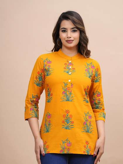 BAESD Floral Print Mandarin Collar Three-Quarter Sleeves Cotton Top