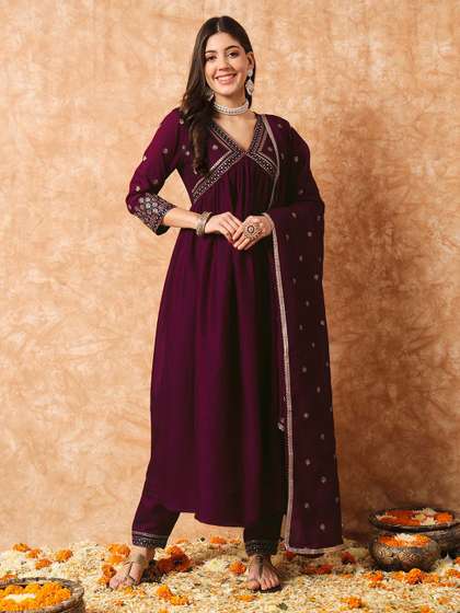 KALINI Alia Cut Floral Embroidered A-Line Kurta With Trousers & Dupatta