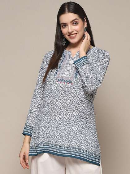 Biba Floral Printed Notched Neck Straight Kurti