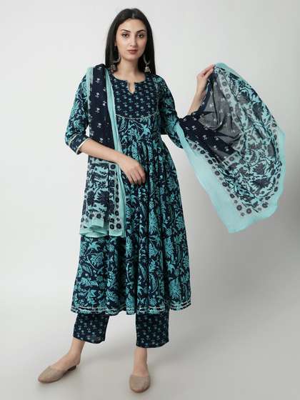 KALINI Floral Printed Gotta Patti Pure Cotton Anarkali Kurta With Palazzos & Dupatta
