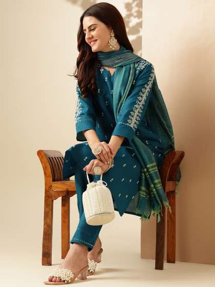 Anouk Teal Ethnic Motifs Embroidered Straight Kurta & Trouser With Dupatta