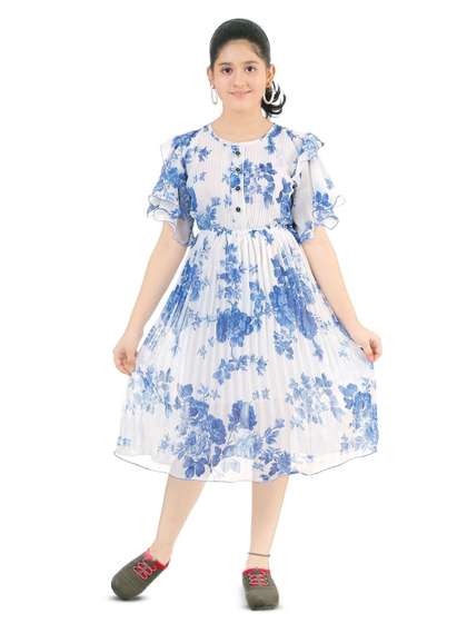 BAESD Girls Floral
                      Print Round Neck Flutter Sleeve Accordion Pleats
                      Fit & Flare Dress