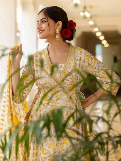 KALINI Floral Printed Sequined Mirror Work A-line Pure Cotton Kurta with Patiala & Dupatta