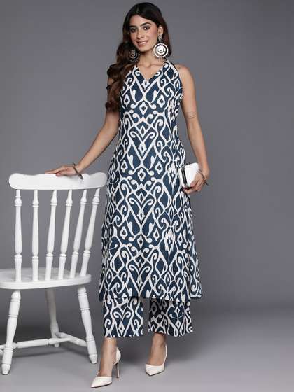 Varanga Navy Blue Ikat Printed Pure Cotton Sleeveless Kurta with Palazzo