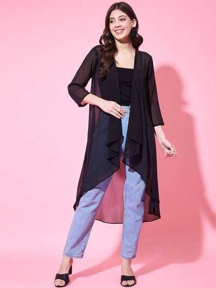 Fbella
                          Three-Quarter Sleeves Longline Chiffon Open
                          Front Shrug