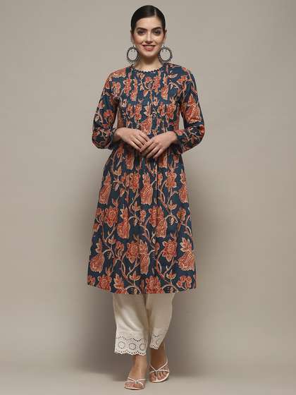 Biba Floral Printed Round Neck Long Sleeves Cotton A-Line Kurta