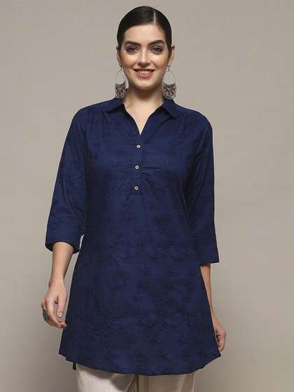 Biba Floral Embroidered Shirt Collar Pure Cotton Tunic