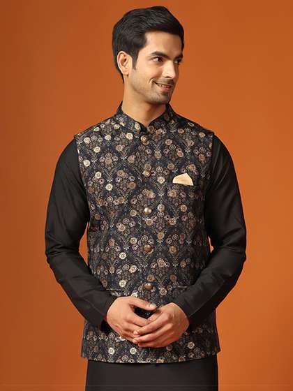 KISAH Floral Printed
                        Mandarin Collar Woven Nehru Jacket With Pocket
                        Square