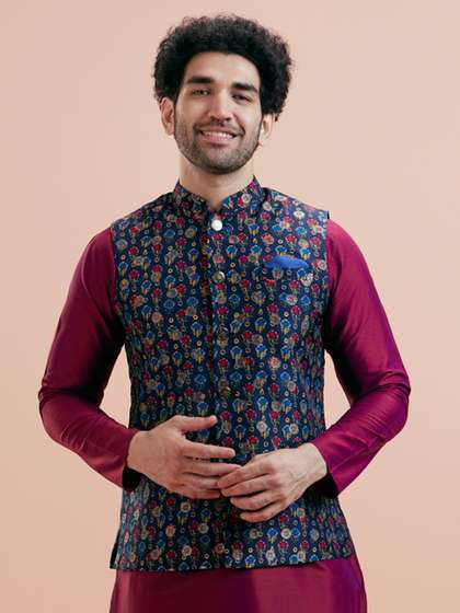KISAH Floral Printed
                        Mandarin Collar Woven Nehru Jacket With Pocket
                        Square