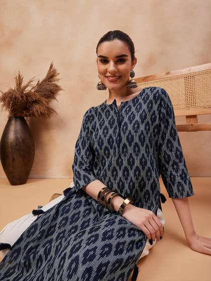 Anouk X fwd Navy Blue Ethnic Motifs Printed Cotton Straight Kurta