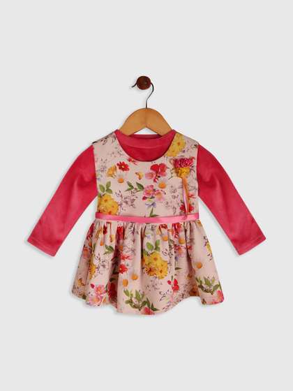 BAESD Pink Floral
                    Printed Round Neck Satin Fit & Flare Dress
