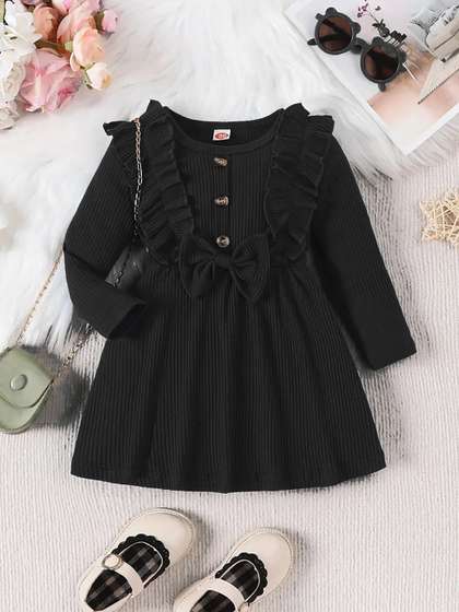 BAESD Girls Striped
                    Round Neck Full Sleeves Ruffled Knee Length Fit
                    & Flare Dress