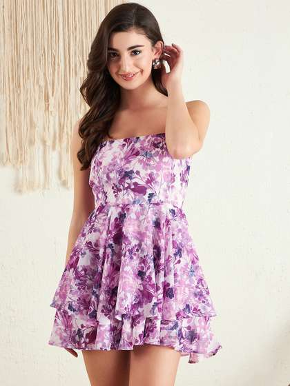 Berrylush White &
                      Purple Floral Printed Layered Playsuit