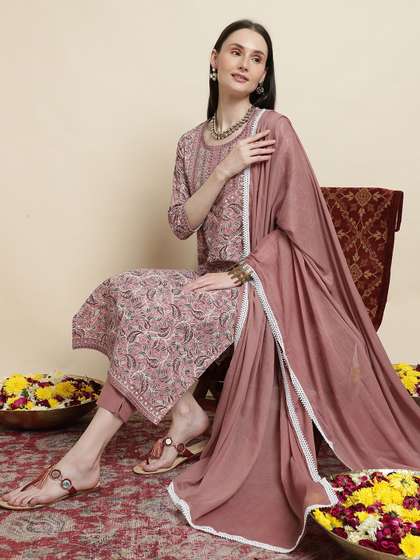 Sangria Floral Printed Pure Cotton Round Neck Kurta With Trousers & Dupatta