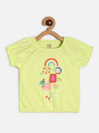 MINI KLUB Girls Round
                      Neck Short Puff Sleeve Cotton Graphic Print
                      Blouson Top
