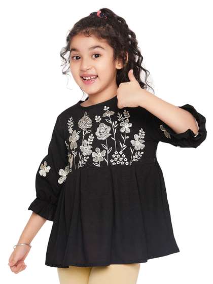 BAESD Girls Embroidered
                    Round Neck Puff Sleeve Empire Top