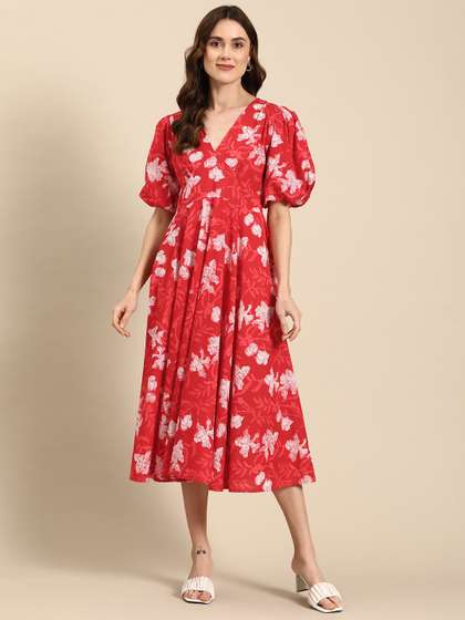 anayna Floral Print
                        Puff Sleeves Pure Cotton A-Line Midi Dress