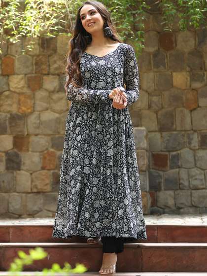 KALINI Floral Printed V-Neck Anarkali Georgette Kurta
