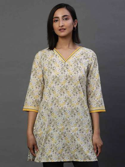 AURELIA Floral Printed V-Neck Pure Cotton Straight Kurti