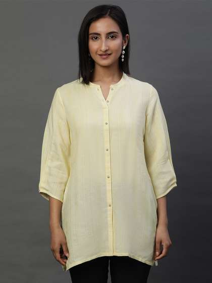AURELIA Geometric Woven Design Mandarin Collar Straight Kurti