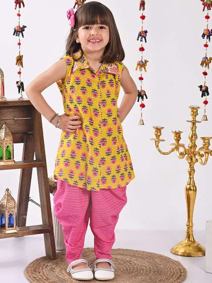 Sangria Girls Shirt
                    Collar Sleeveless Floral Printed Pure Cotton Kurta
                    with Dhoti Pant