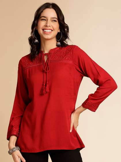 Anouk X fwd Tie-Up Neck Thread Work Short Kurti