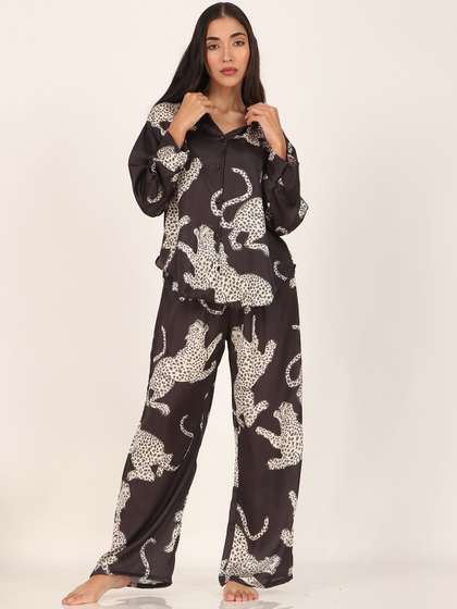 Masha Women Black
                          cheetah Oversized Satin Night Suit