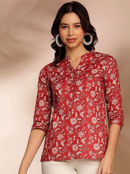 Anouk X fwd Red & Beige Floral Printed Band Collar Straight Short Kurti