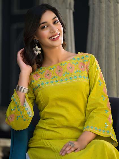 Varanga Women
                          Floral Thread Embroidered Yoke Design Straight
                          Kurta