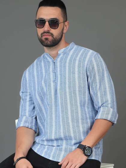 HERE&NOW Blue & White Striped Printed Mandarin Collar Cotton Straight Short Kurta