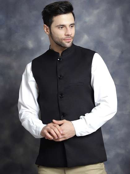 Anouk Black Mandarin
                      Collar Woven Nehru Jacket