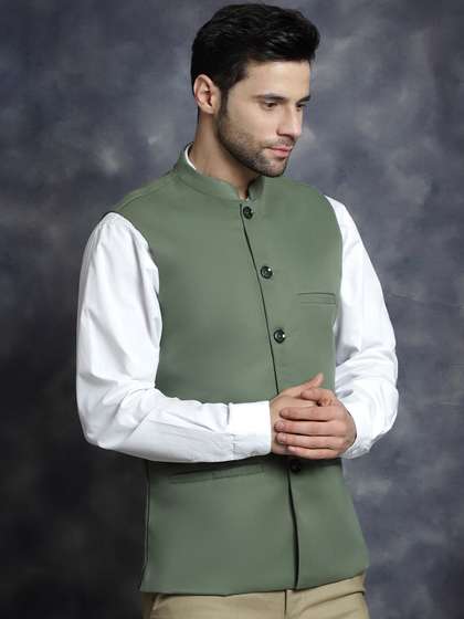 Anouk Green Mandarin
                        Collar Woven Nehru Jacket