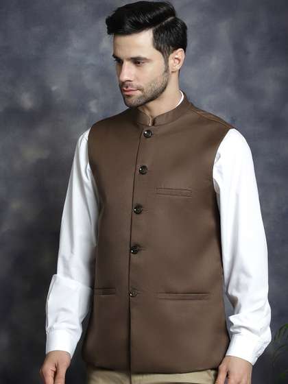 Anouk Brown Mandarin
                        Collar Woven Nehru Jacket