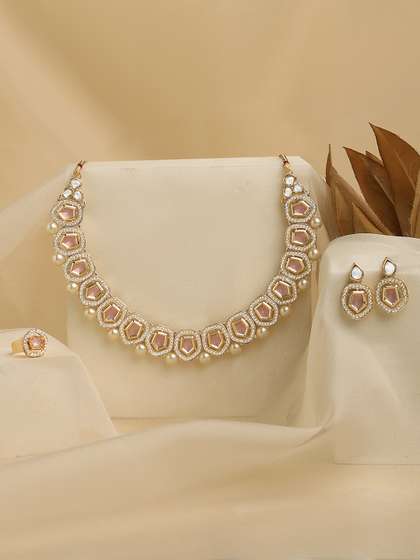 Zaveri Pearls Gold
                          Plated Stones Studded & Beaded Necklace
                          And Earrings With Finger Ring