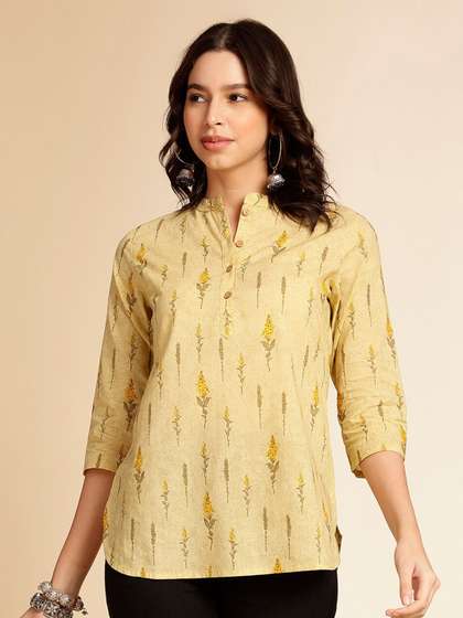 Anouk X fwd Mustard Yellow Botanical Printed Mandarin Collar Cotton Short Kurti